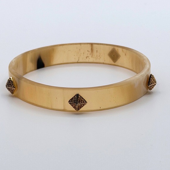 Jewelry - Honey Amber Resin Bangle Bracelet Gold Tone Pyramid Stud Boho Modernist Earthy
